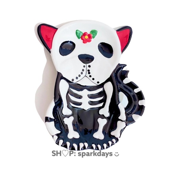 Bulldog Skeleton Puppy Dog Sugar Skull Smoke Ashtray Jewelry Dish Ceramic Plate - Picture 2 of 8